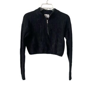 Princess Polly Black Fuzzy Cropped Mock Neck Quarter Zip Sweater Top Size Md